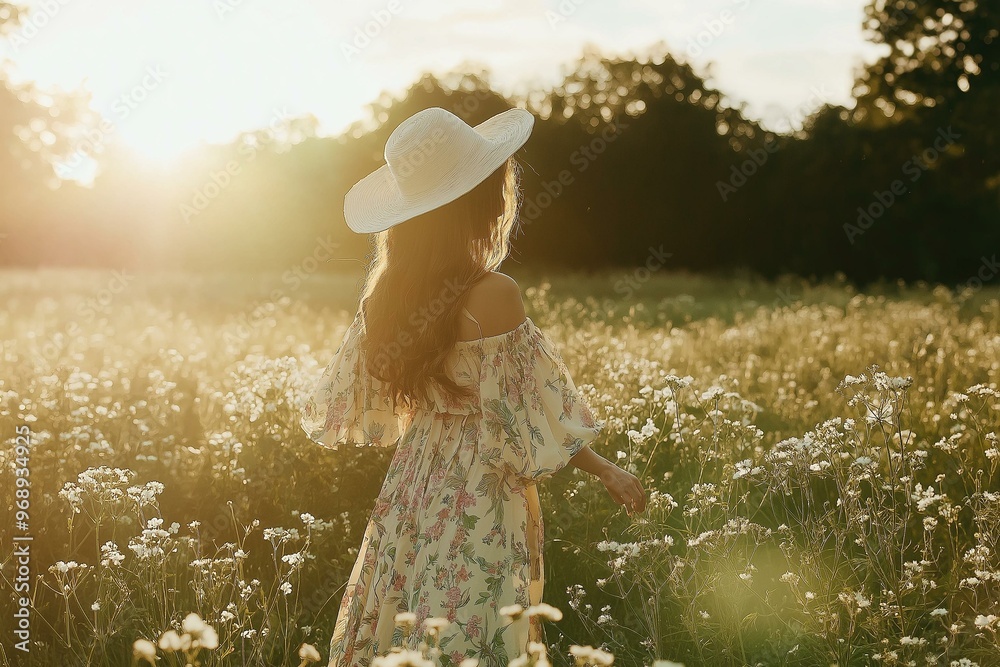 Idyllic Summer's Eve with a Woman in a Flower Field