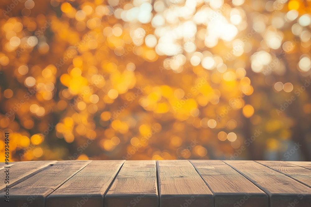 Autumnal Wood Table Overlooking a Blurred Golden Forest