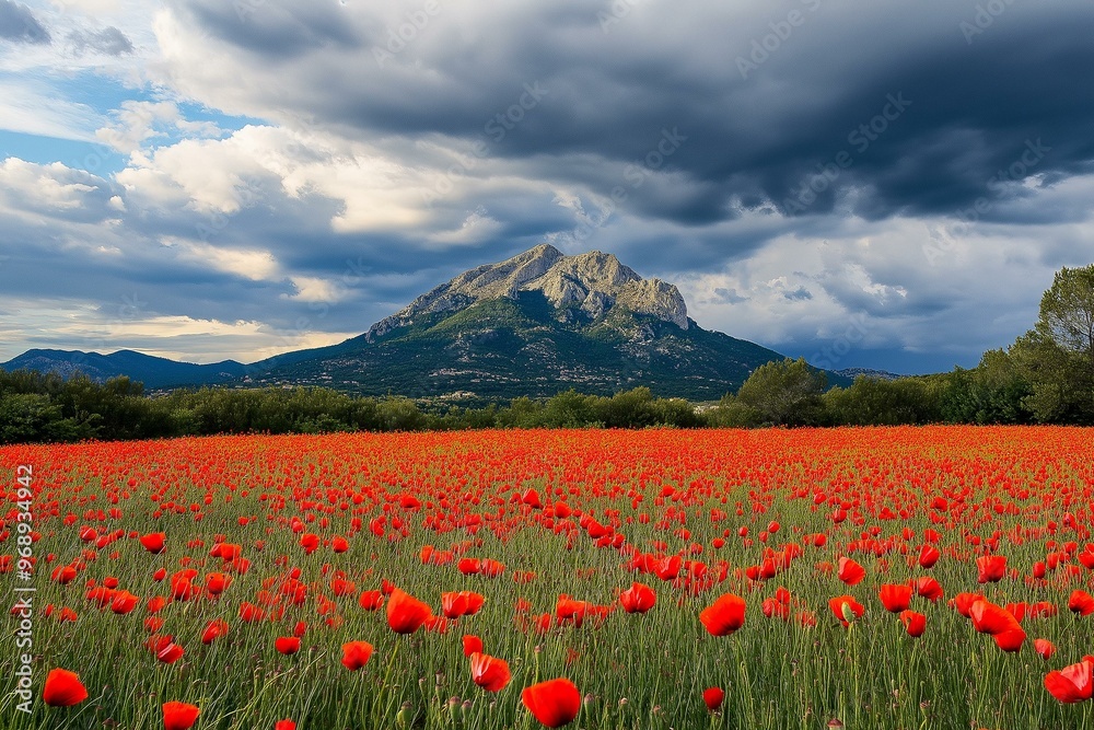 Luminous Landscape of Poppies with Dramatic Mountain Backdrop