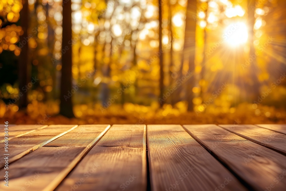 Wooden Deck in Autumn Forest at Sunset