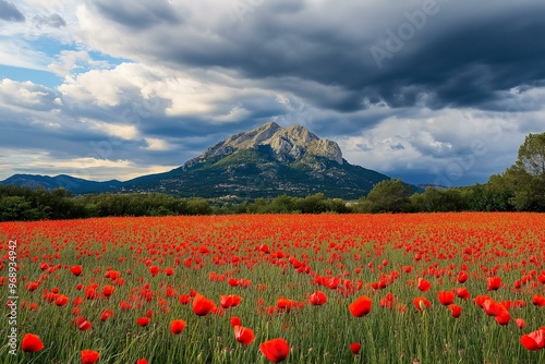 Obraz na płótnie Luminous Landscape of Poppies with Dramatic Mountain Backdrop w salonie