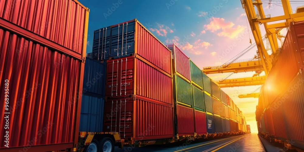Fototapeta premium Dawn breaks over shipping containers: A dynamic start to a day in international logistics and trade operations.