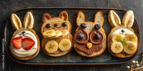 Cute animal shaped toasts with a variety of spreads butter banana strawberry and blueberry resembling a bunny owl bear and fox photo