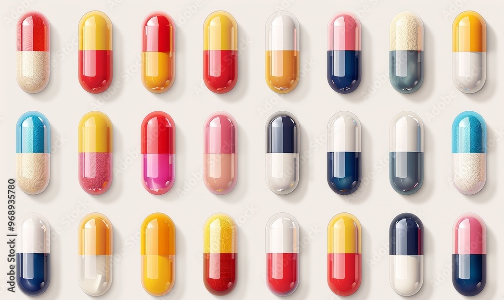A variety of colorful pills and capsules displayed neatly, representing medicine and healthcare. Ai generative illustration A variety of colorful pills and capsules displayed neatly, representing medicine and healthcare. Ai generative illustration