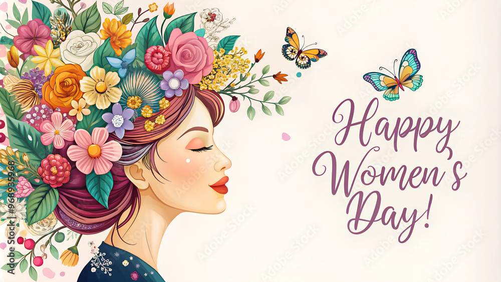 Women's Day card with woman in floral hairstyle and butterflies