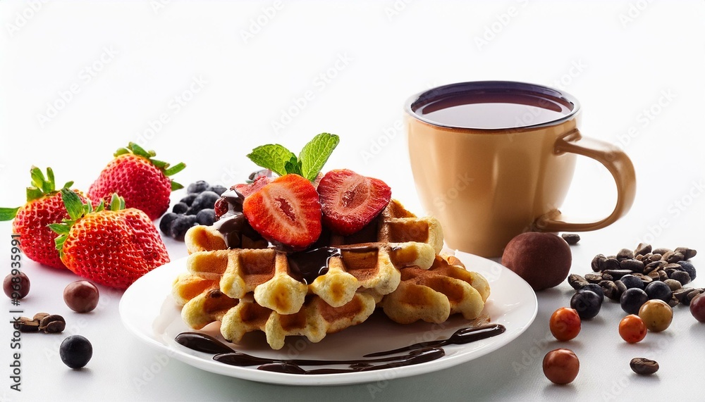 waffles and fruit chocolate white background with a cup of coffee waffles and fruit chocolate white background with a cup of coffee