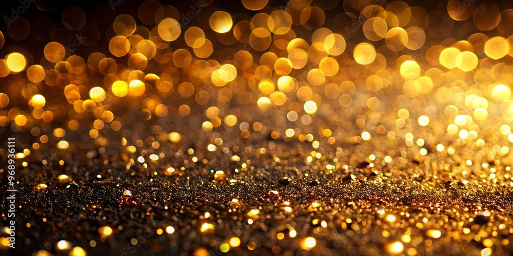 Close up of shiny surface with blurry lights and gold glitters on black background Close up of shiny surface with blurry lights and gold glitters on black background