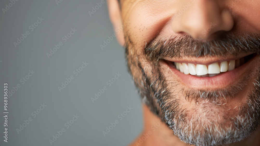 Fototapeta premium A handsome smiling mature man, a close-up portrait on a gray background. A wonderful old age, golden years. The concept of a beauty salon, dental clinic.