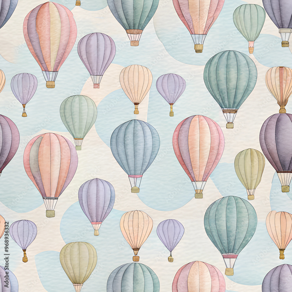 Watercolor Hot Air Balloons in Pastel Tones, Whimsical Pattern Watercolor Hot Air Balloons in Pastel Tones, Whimsical Pattern