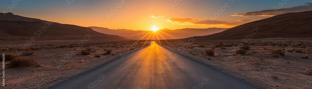 Fototapeta premium Golden sunrise illuminating a narrow road through a desolate desert, evoking feelings of solitude and hope on a new path