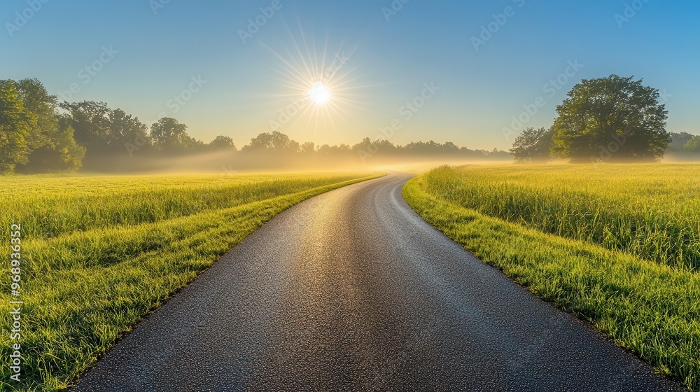 Morning sun shining on a misty countryside road, dewkissed grass glistening, embodying hope and new possibilities Morning sun shining on a misty countryside road, dewkissed grass glistening, embodying hope and new possibilities