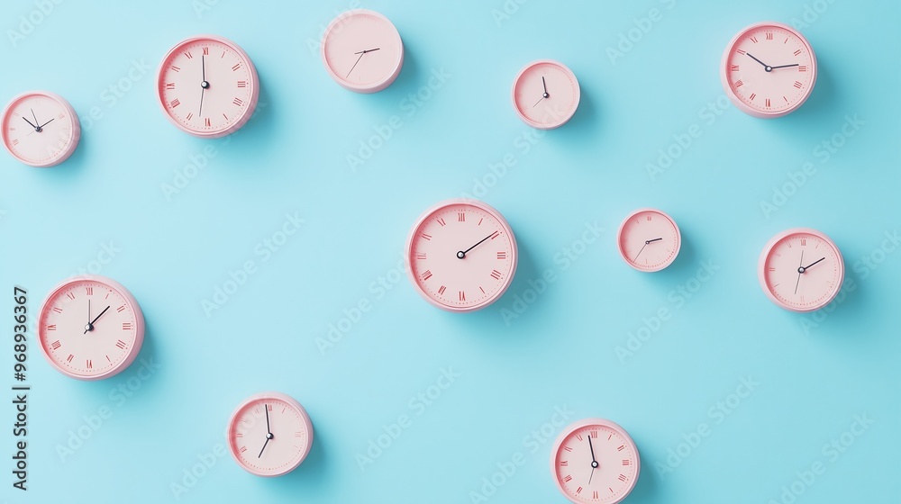 Decorative wall clocks arranged artistically against a bright blue background showcasing various times and styles Decorative wall clocks arranged artistically against a bright blue background showcasing various times and styles