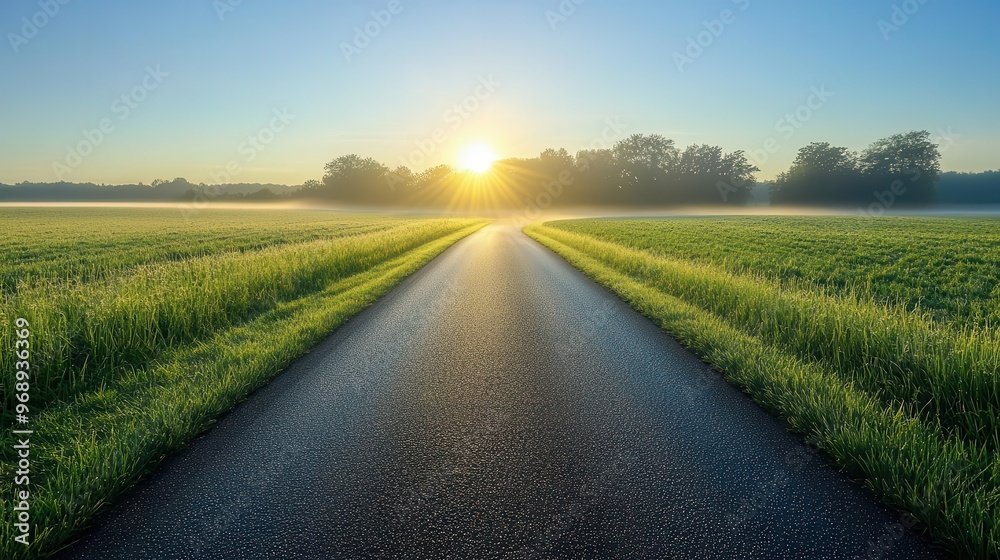 Fototapeta premium Morning sun shining on a misty countryside road, dewkissed grass glistening, embodying hope and new possibilities
