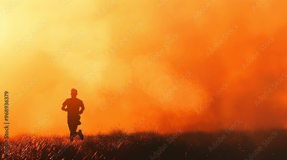 Silhouette of a person running in front of a smoky orange background, capturing the essence of determination and urgency. Silhouette of a person running in front of a smoky orange background, capturing the essence of determination and urgency.