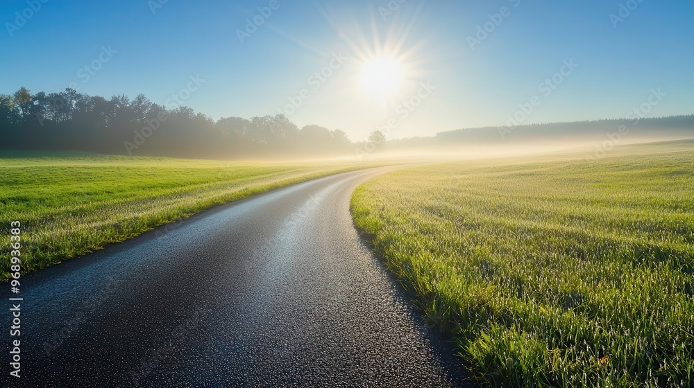 Morning sun shining on a misty countryside road, dewkissed grass glistening, embodying hope and new possibilities Morning sun shining on a misty countryside road, dewkissed grass glistening, embodying hope and new possibilities