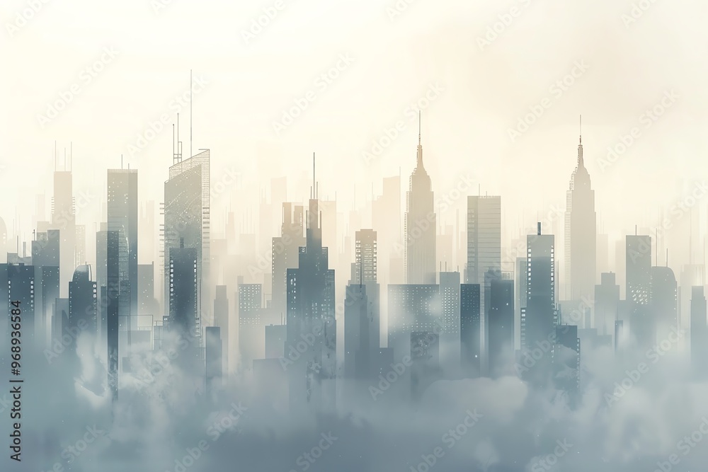 Misty skyline of a modern city with high-rise buildings emerging through fog, showcasing urban architecture and tranquil atmosphere.
