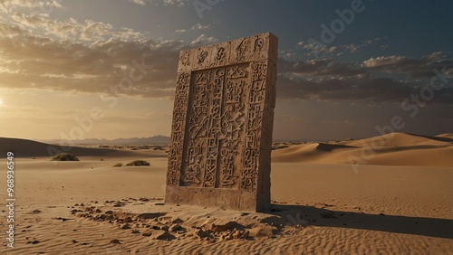 An ancient stone stele standing in a silver desert, covered with weathered runes, set against a backdrop of scorching sand dunes and distant mirages. photo