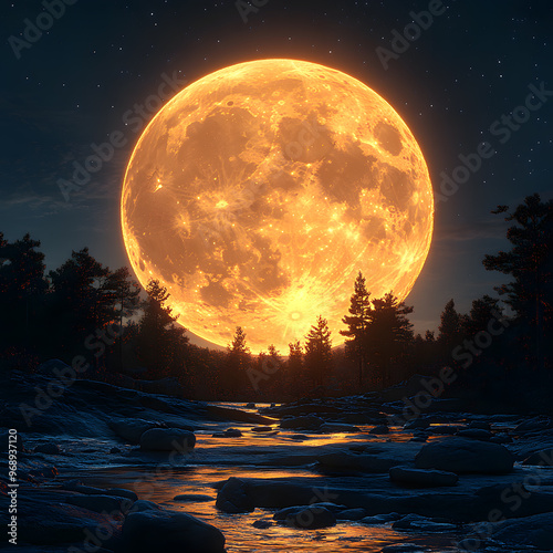 Sunset over the lake, a realistic large full moon