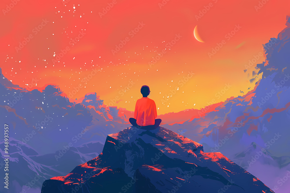 Fototapeta premium A serene male figure sits cross-legged on a rock, meditating under a colorful sunset with a crescent moon in the background.