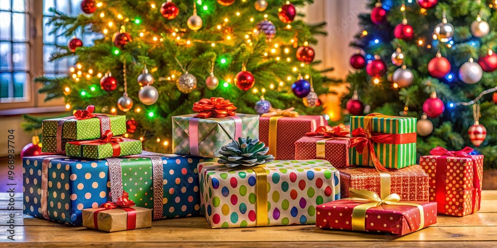 Fototapeta premium Gifts and colorful wrapping paper scattered on a table in front of a beautifully decorated Christmas tree