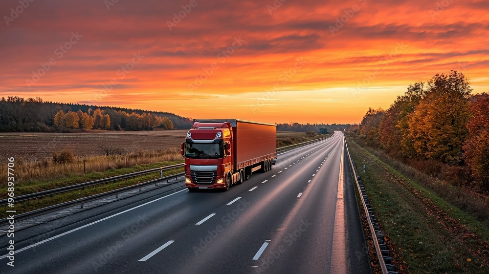 A red truck traveling on a highway during a beautiful sunset, showcasing vibrant colors and serene landscape. A red truck traveling on a highway during a beautiful sunset, showcasing vibrant colors and serene landscape.