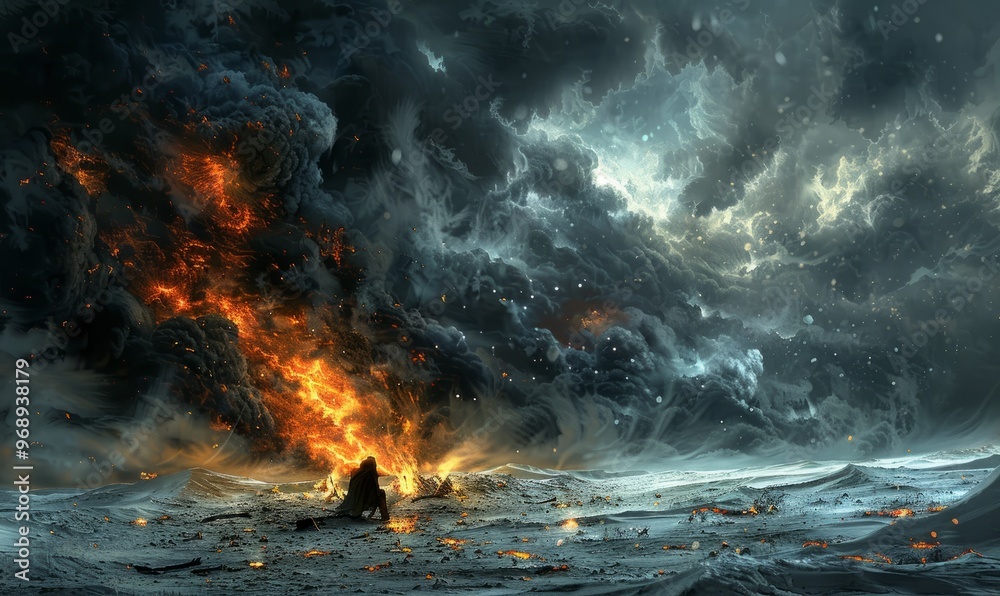 Fototapeta premium A smoldering fire on a snowy plain surrounded by a dark storm and clouds, the storm looks like it's filled with monsters