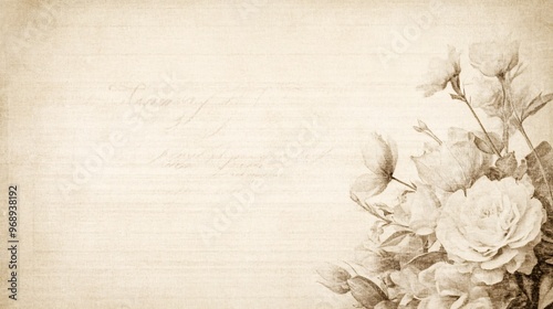 Vintage floral design featuring soft roses and delicate blossoms on a textured background.