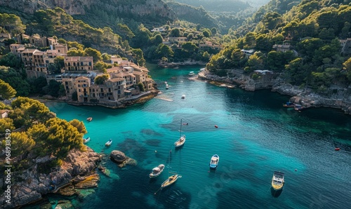 Spain, Balearic Islands, Port de Valldemossa, Aerial view of fishing village on Majorca island