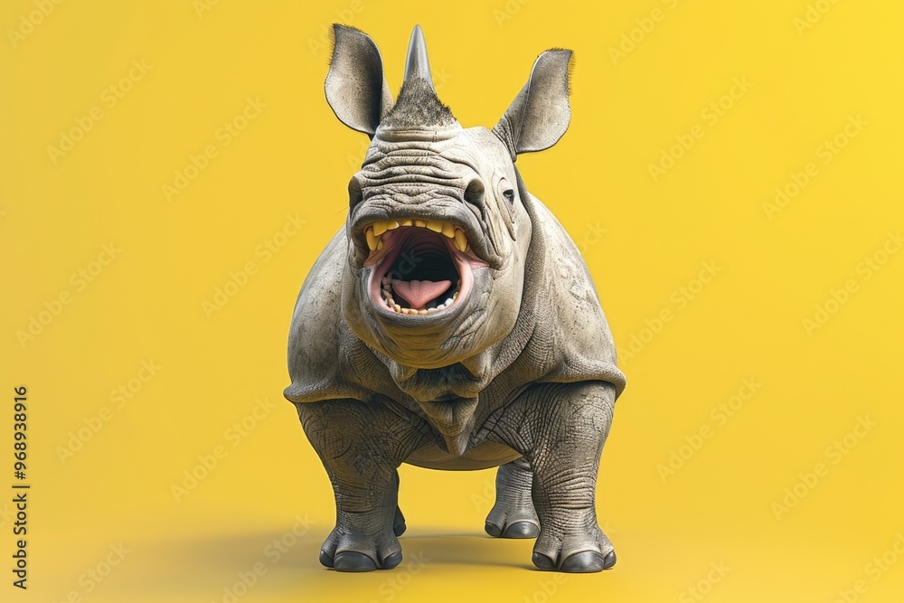 Obraz premium Smiling Cartoon Rhinoceros Character with Horn on Color Background