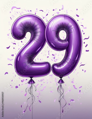 Purple birthday / anniversary balloon, number 29, white background with confetti