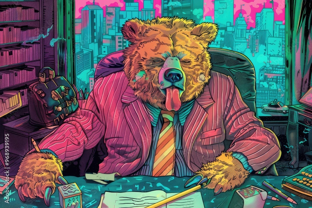 Bear in Suit Sitting at Desk with City View Bear in Suit Sitting at Desk with City View