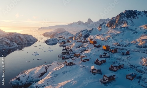 Sunlit Isolation: Aerial View of Ittoqqortoormiit, Greenland's Remote Settlement photo