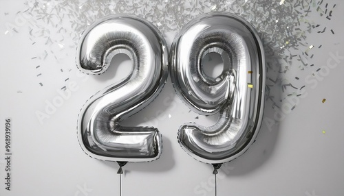 Silver birthday / anniversary balloon, number 29, white background with confetti