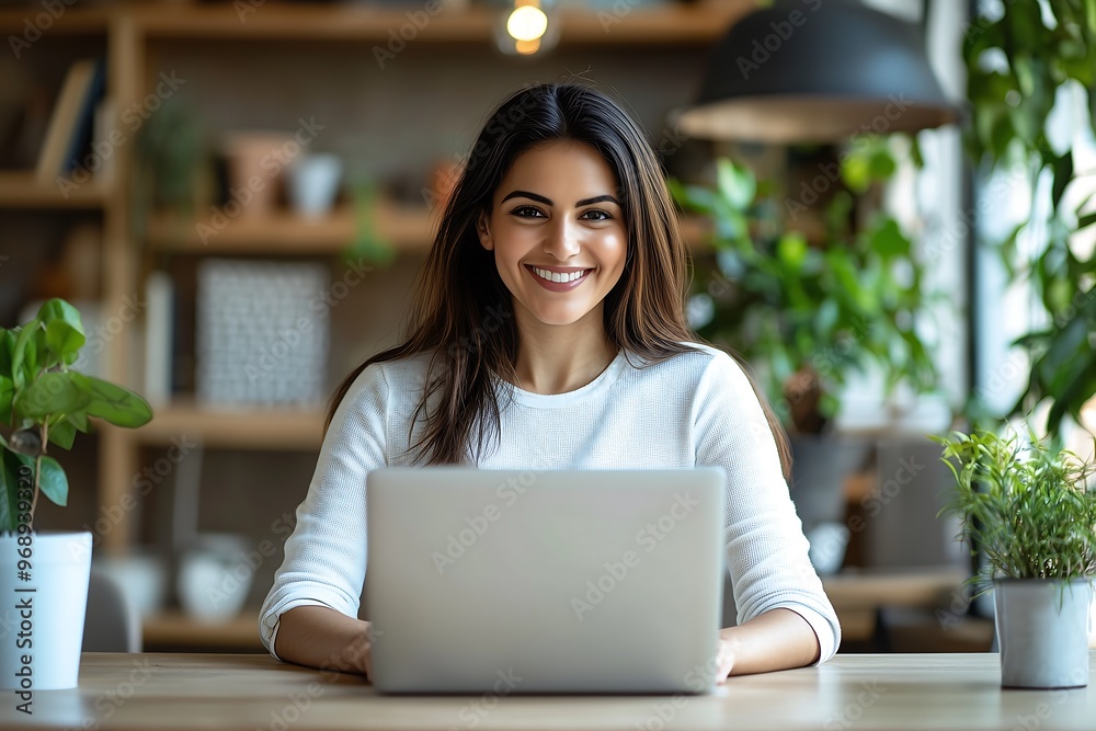 Smiling Woman Working on Laptop in Bright Home Office Smiling Woman Working on Laptop in Bright Home Office