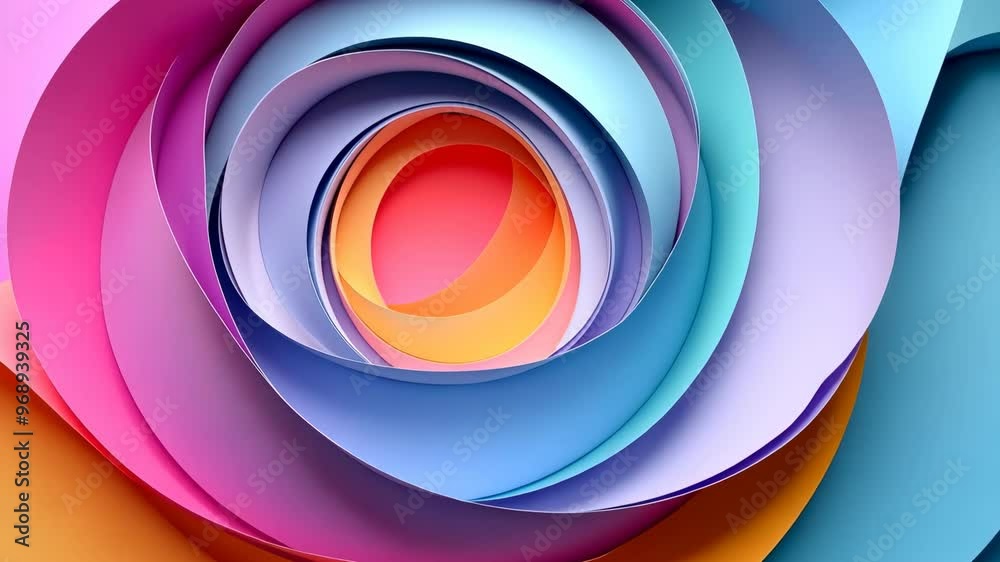 A colorful paper sculpture with a rainbow of colors and a large orange circle in the center. The piece is abstract and has a playful, whimsical feel to it A colorful paper sculpture with a rainbow of colors and a large orange circle in the center. The piece is abstract and has a playful, whimsical feel to it
