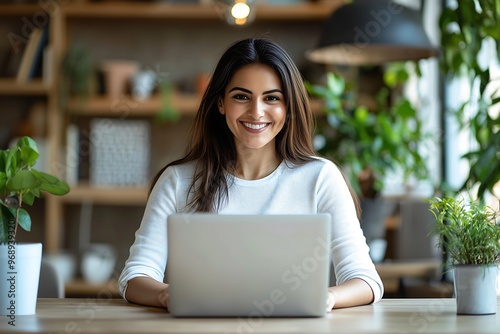 Smiling Woman Working on Laptop in Bright Home Office