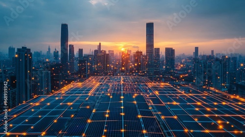 AI-enhanced solar panel arrays in smart cities adjusting to maximize energy absorption: Solar systems using AI to rotate and tilt for maximum energy efficiency. #968939342