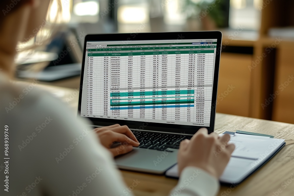 Woman Managing Spreadsheet Data on Laptop in Bright Workspace Woman Managing Spreadsheet Data on Laptop in Bright Workspace