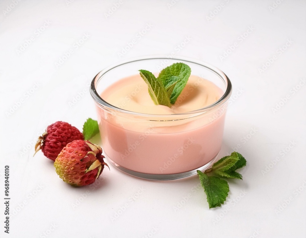 Overhead shot of strawberry mini cake tartlet with vanilla custard and mint leaves sprinkled.  ai generated