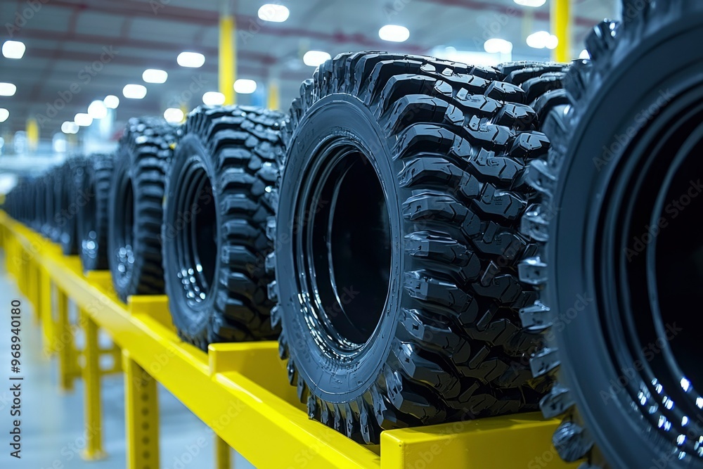 Fototapeta premium A Row of New Tires in a Warehouse