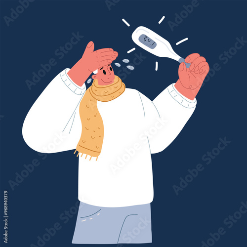 Cartoon Vector Illustration of a Sick Man Wearing a Scarf and Looking at a Thermometer, Indicating Fever over dark background