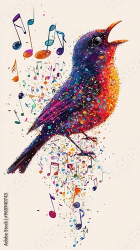 A vibrant bird sings melodiously, surrounded by colorful, floating musical notes, creating a whimsical and energetic depiction of music and nature in harmony. photo