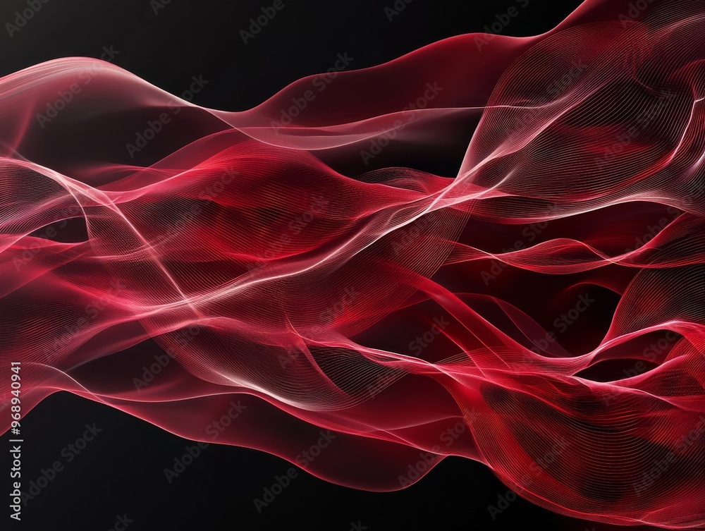 Obraz premium Abstract red threads woven into complex structures against a soft, dark gradient, futuristic design, fiber connections