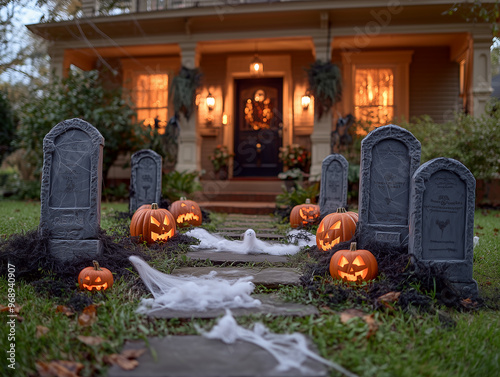 Halloween Decorated front yard with tombstones, ghosts, and cobwebs