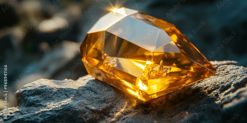 A sparkling golden gemstone on a rock. A sparkling golden gemstone on a rock.
