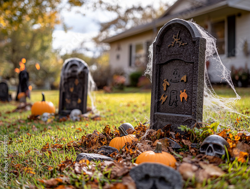 Halloween Decorated front yard with tombstones, ghosts, and cobwebs