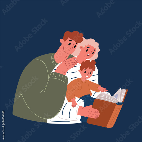 Cartoon Vector Illustration of a Family Reading a Bedtime Story Aloud, Including a Little Boy, Mom, and Dad over dark background