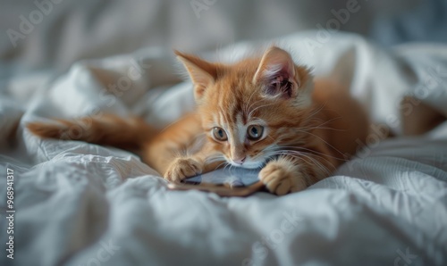 cute and lovely smallest cat are playing smartphone in the bed, to work