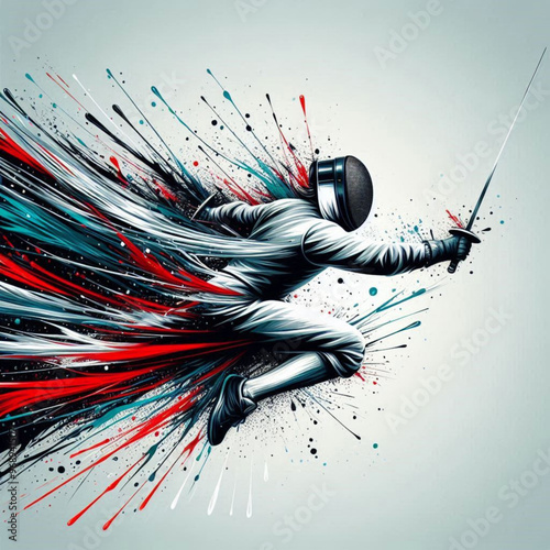 Fencing athlete in dynamic motion with explosive colorful splashes

