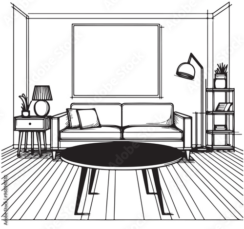 Tables outline, silhouette sketch, front view, room